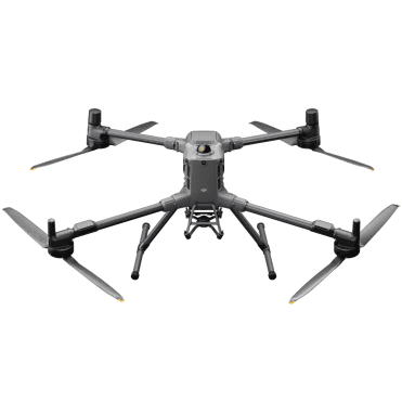 Drone gris avec quatre hélices dépliées.
