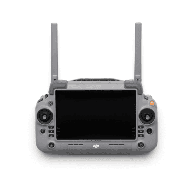 Télécommande grise avec écran et antennes dépliées.