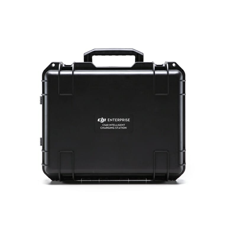 Station de charge noire pour drones DJI Enterprise avec poignée de transport.