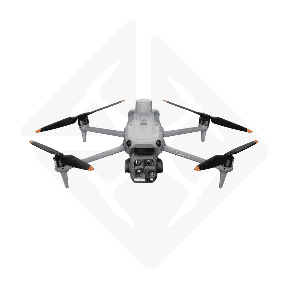 Quadcopter drone with camera flying in white background, propellers visible.