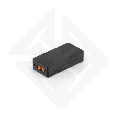 Batterie rechargeable en plastique noir avec connecteurs orange.