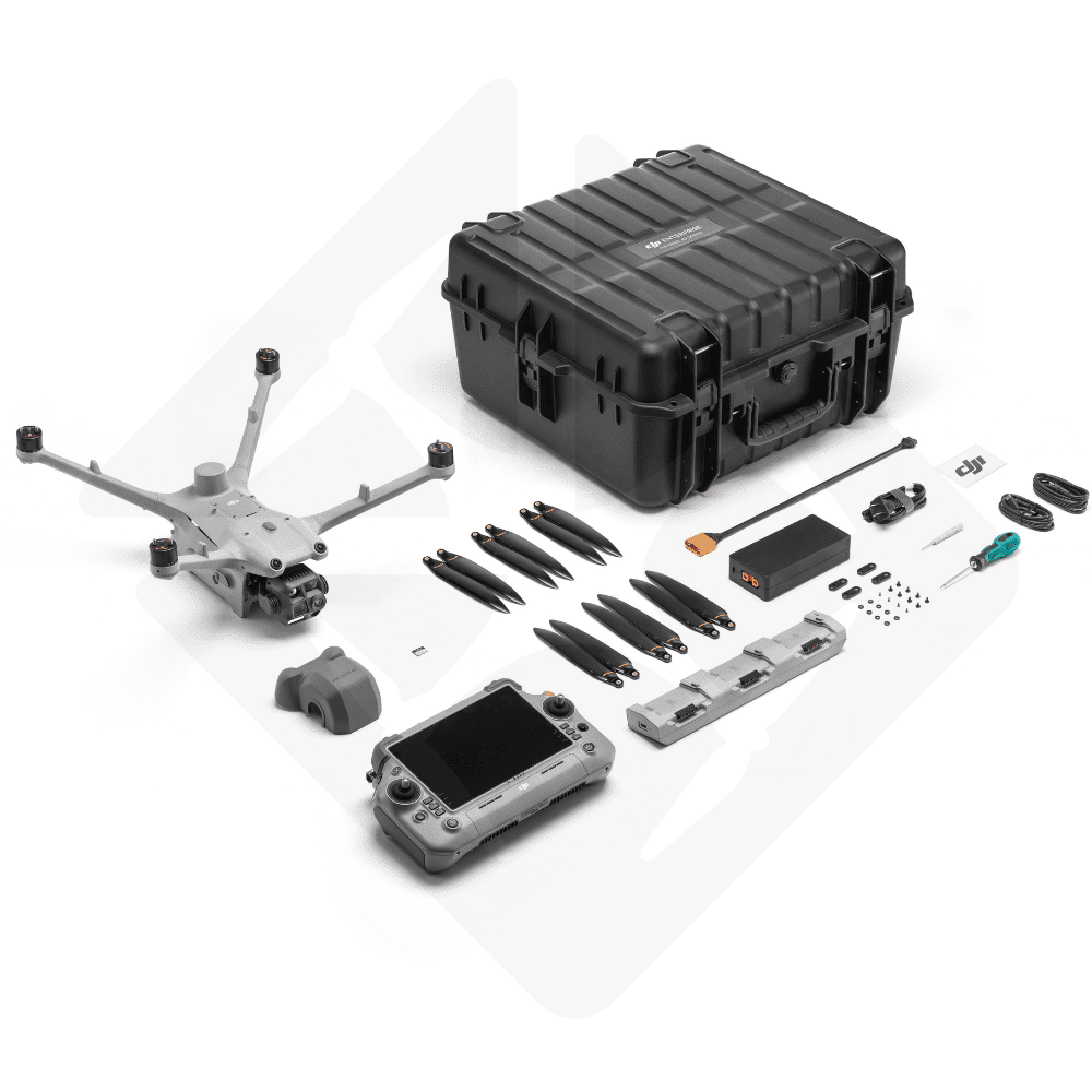 Dji Matrice 4TD mit Zubehör, Fernbedienung, Akku und Transportkoffer.