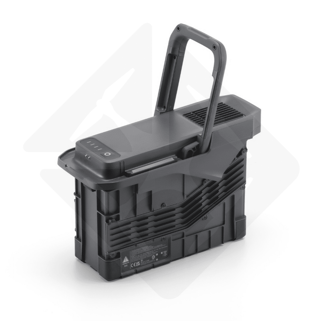 Black battery with handle and LED indicators.