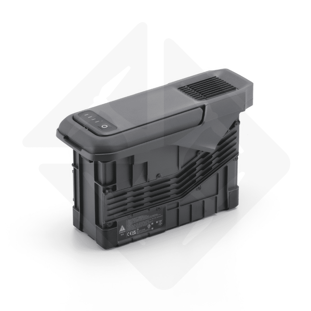 Black drone battery on white background.