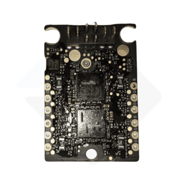 Close-up of a black electronic circuit board with connectors and detailed components on a white background.