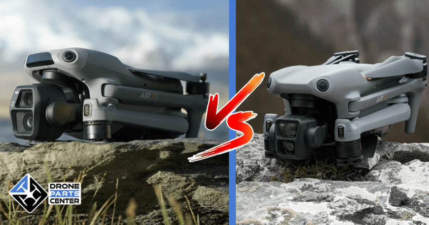 Drones DJI Air 3S et Air 3 côte à côte sur un fond naturel.