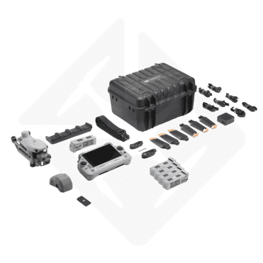 Drone kit with controller, propellers, and storage case, arranged on a white background.