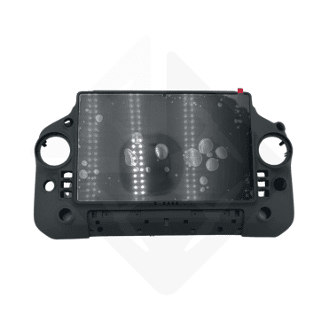 Dashboard display panel with buttons and screen, featuring a sleek black design.