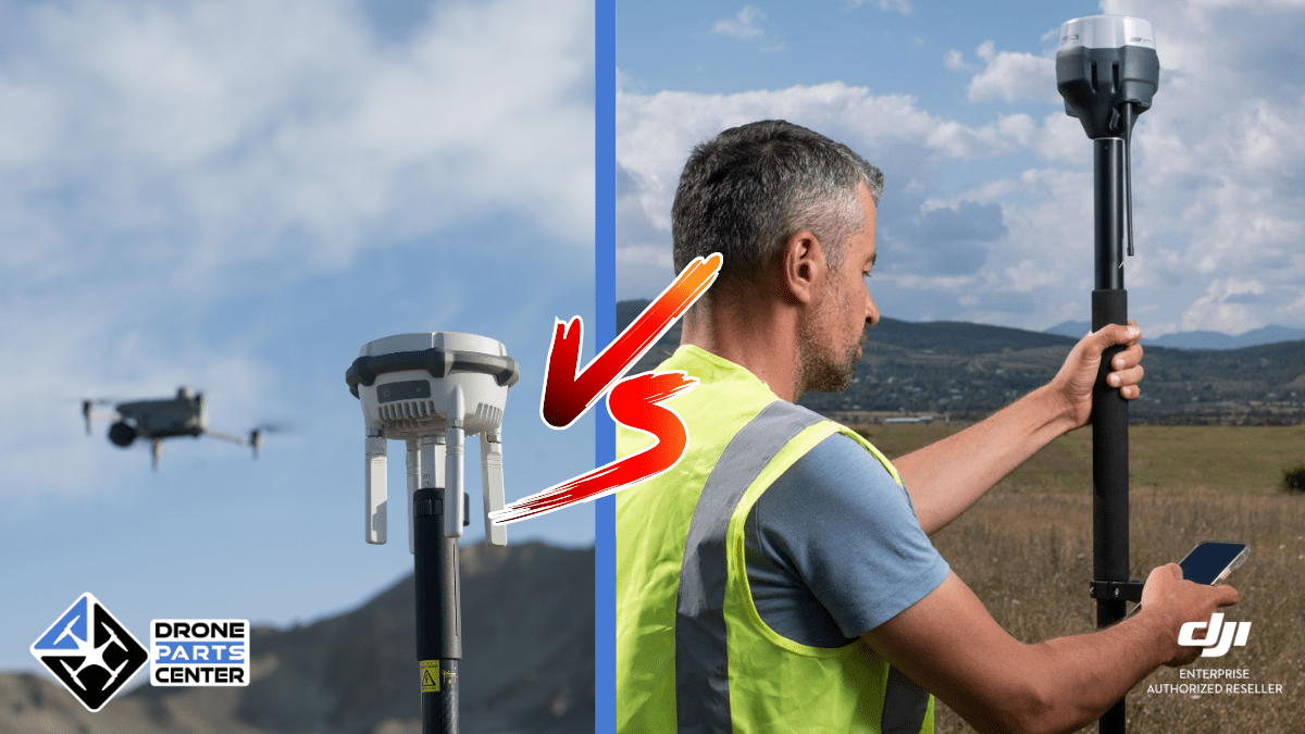 Comparison of drone and human equipment in landscape.
