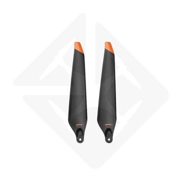 Zwei Propeller einer Drohne mit orangefarbenen Rändern.