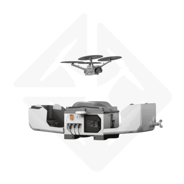 Drone avec un compartiment de chargement visible et un autre drone en vol au-dessus.