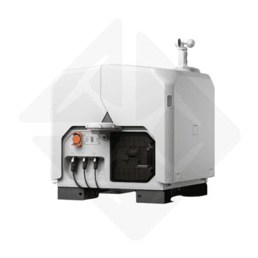 Station de communication drone, design moderne, antenne sans fil, bouton sécurité jaune, ports connectivité.