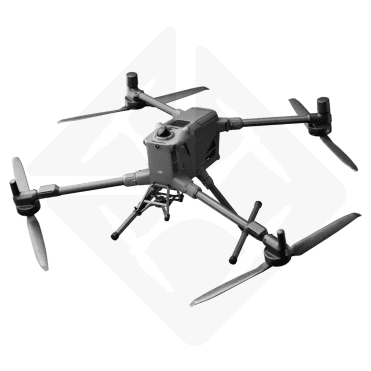 Drone noir avec quatre hélices en vol stationnaire.