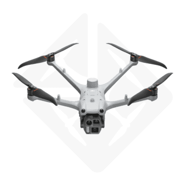 Drone quadricoptère gris avec quatre hélices et une caméra à l'avant.