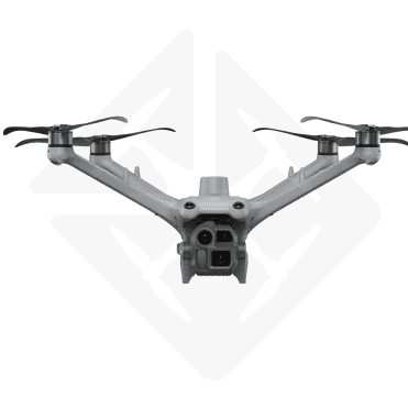 Drone à quatre hélices de couleur grise avec une caméra intégrée à l'avant.