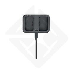 Chargeur de batteries noir avec deux emplacements.