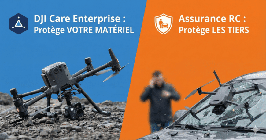 Drone accidenté sur sol et sur pare-brise cassé.