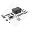 Drone kit with controller, propellers, and storage case, arranged on a white background.