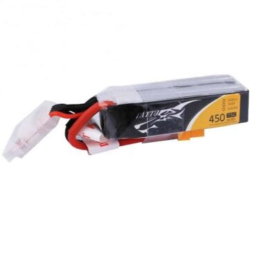 Batterie Tattu de 450mAh avec connecteur XT30 et câbles noirs et rouges.