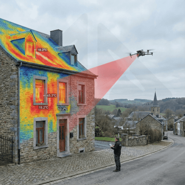 Drone mesurant la température d'une maison avec thermographie.