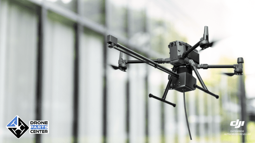 Drone in flight near a building