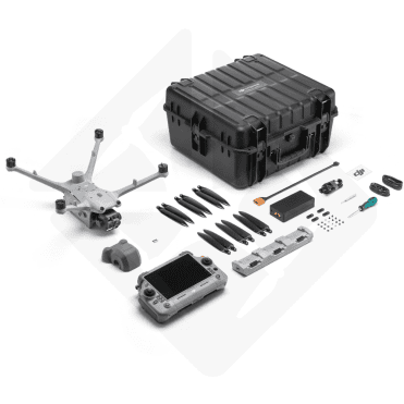 Dji Matrice 4TD met accessoires, afstandsbediening, batterij en draagtas.