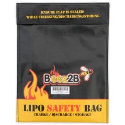 Beez2B LiPo battery safety bag with a top closure and instructions on the front.