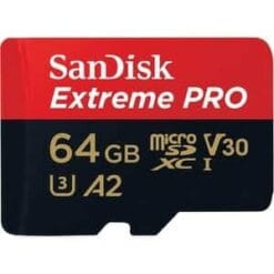 Carte mémoire SanDisk Extreme Pro de 64 Go avec des spécifications imprimées sur la surface.