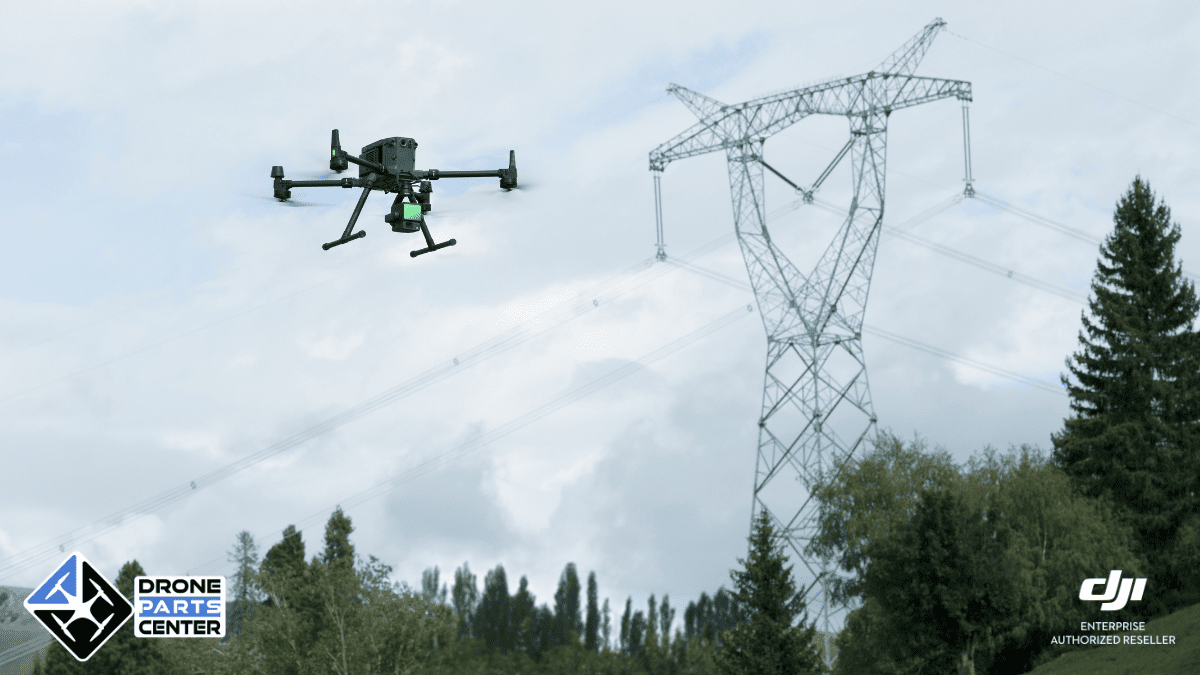 Drone flying near a power line.