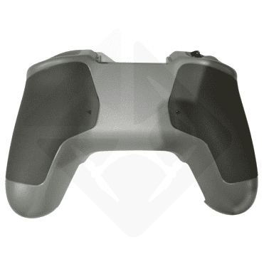 Back view of a gray and black gaming controller showcasing ergonomic grips and button layout.