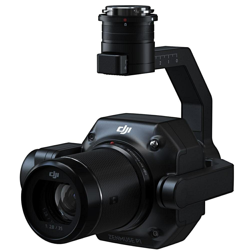 Caméra DJI Zenmuse P1 avec objectif interchangeable et stabilisateur intégré.