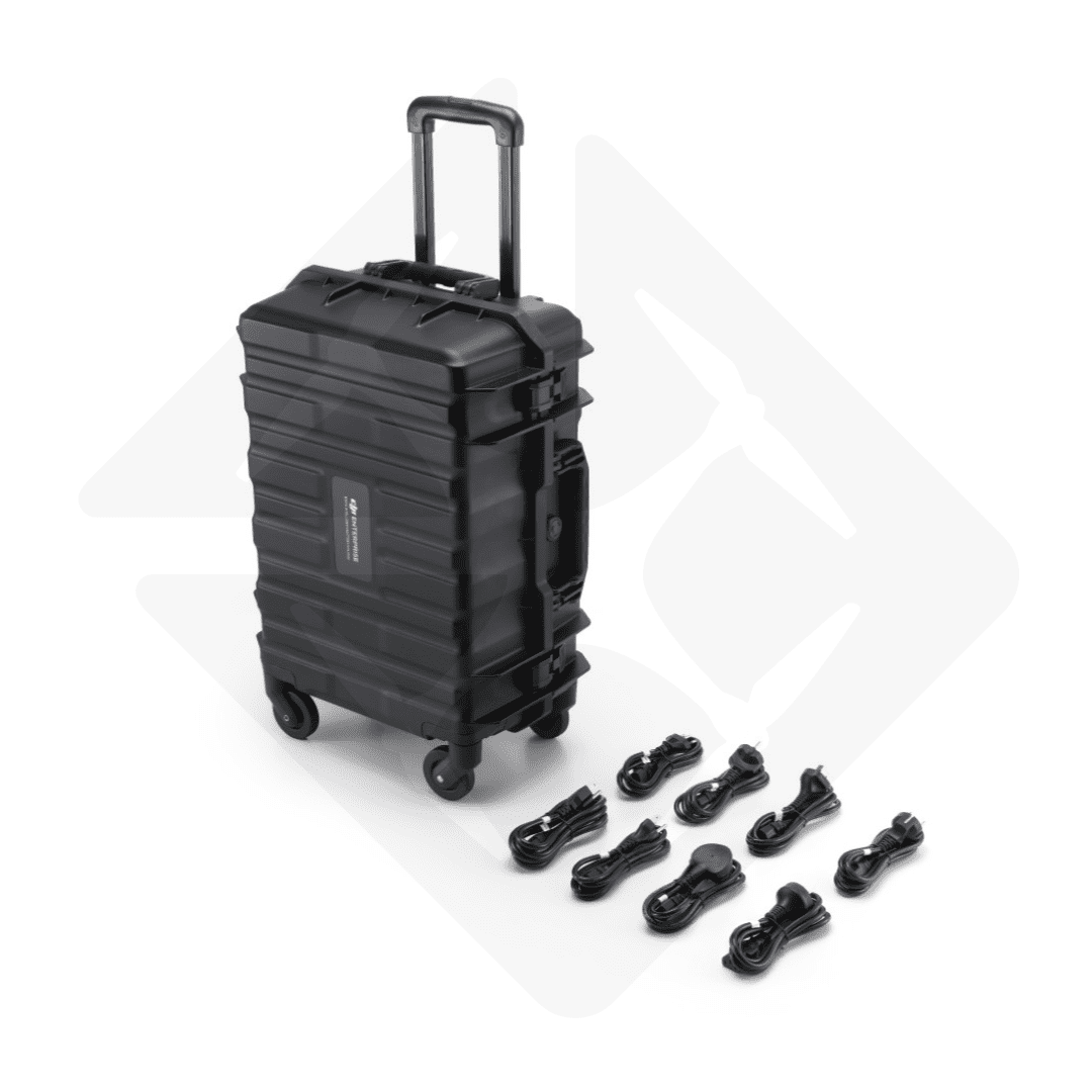 Black suitcase with wheels and electric cables.