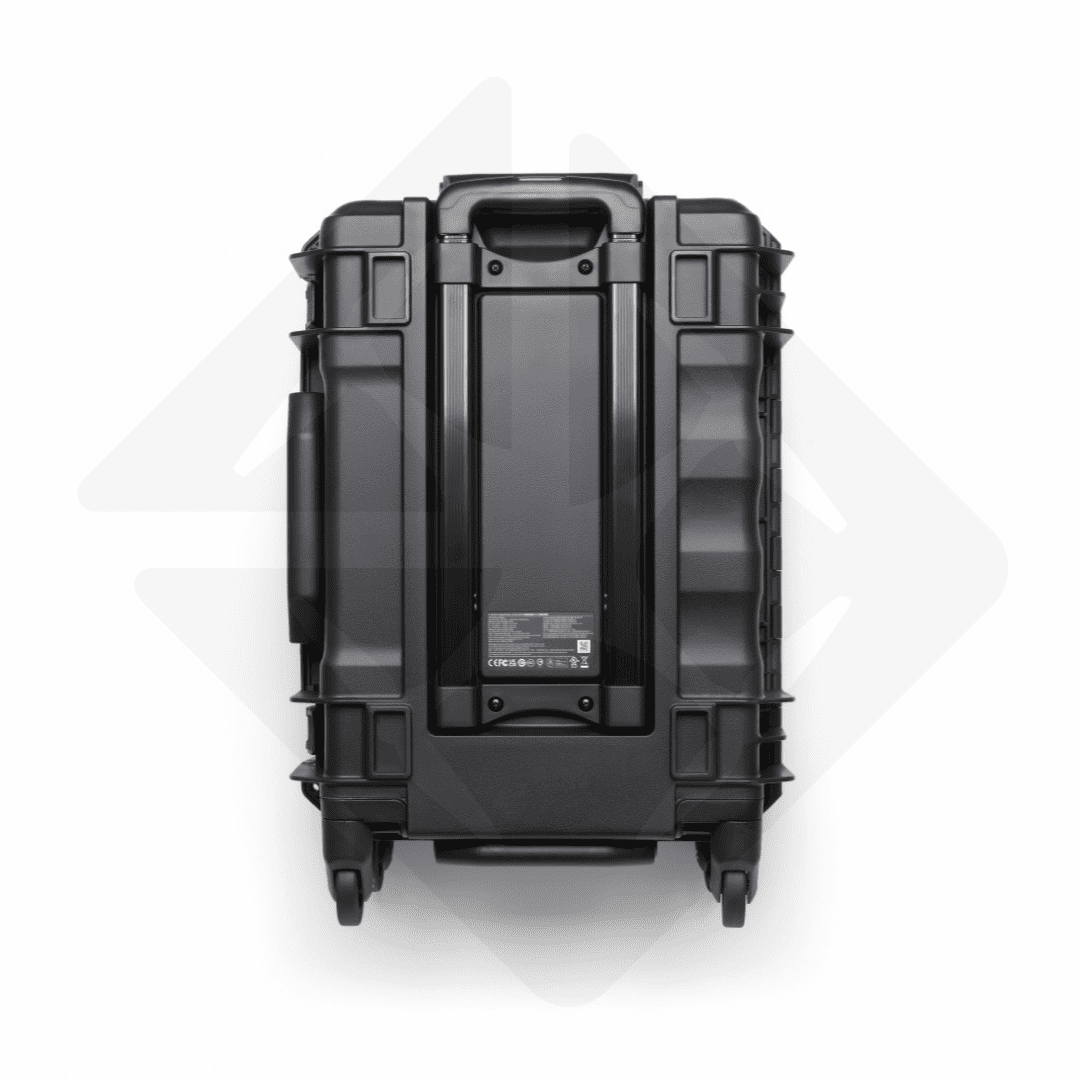 Black hard-shell suitcase seen from above.