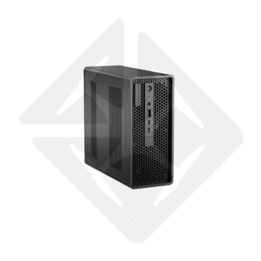 Black desktop computer on white background.